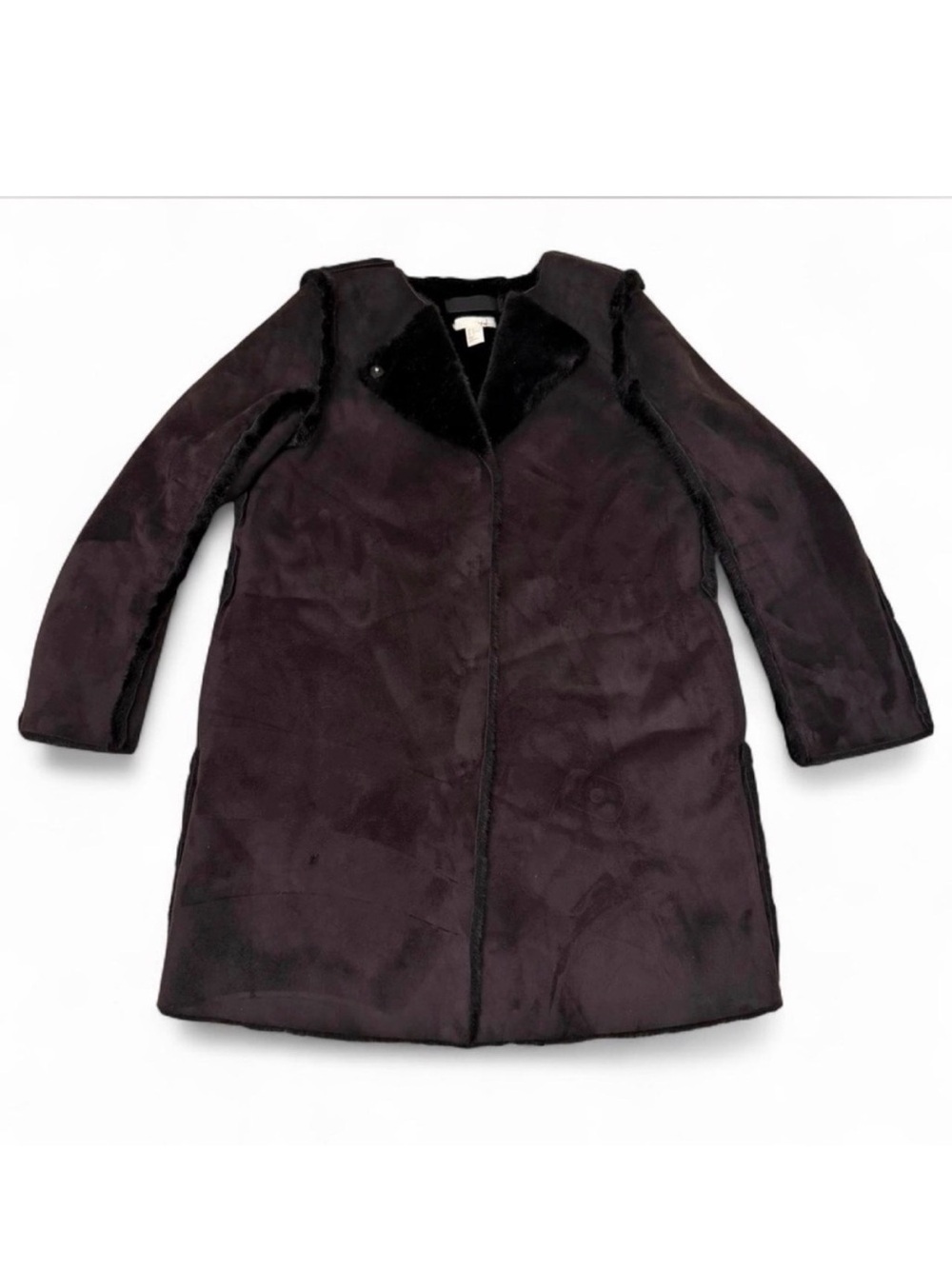 H&M Faux Suede Coat Faux Fur Trim Women’s 14 Cozy Outdoor Glam City Winter Fall